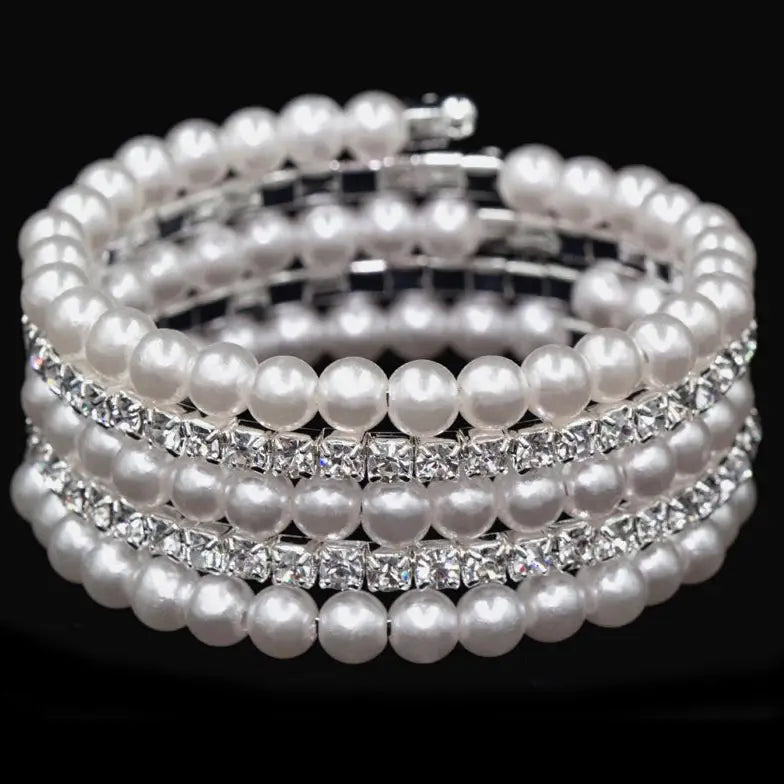 16465 - Pearl and Rhinestone Memory Coil Wrap Bracelet