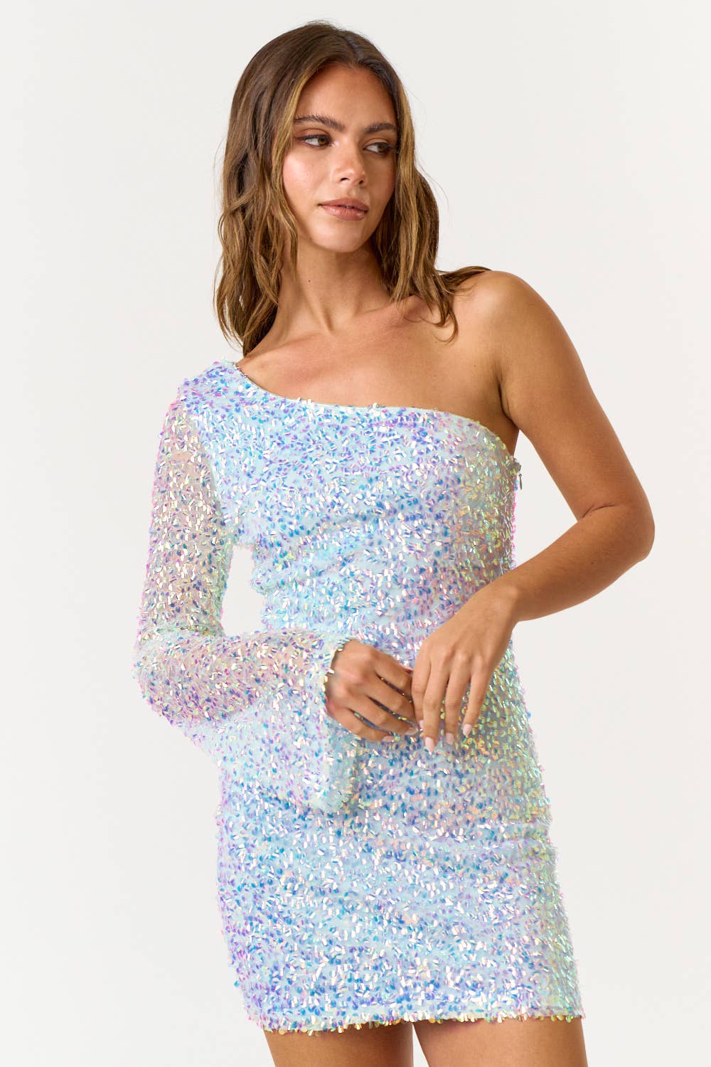 one shoulder long sleeve sequin dress Nox Anabel S1283 One Shoulder Long Sleeve Sequin Evening Gown Black / 16