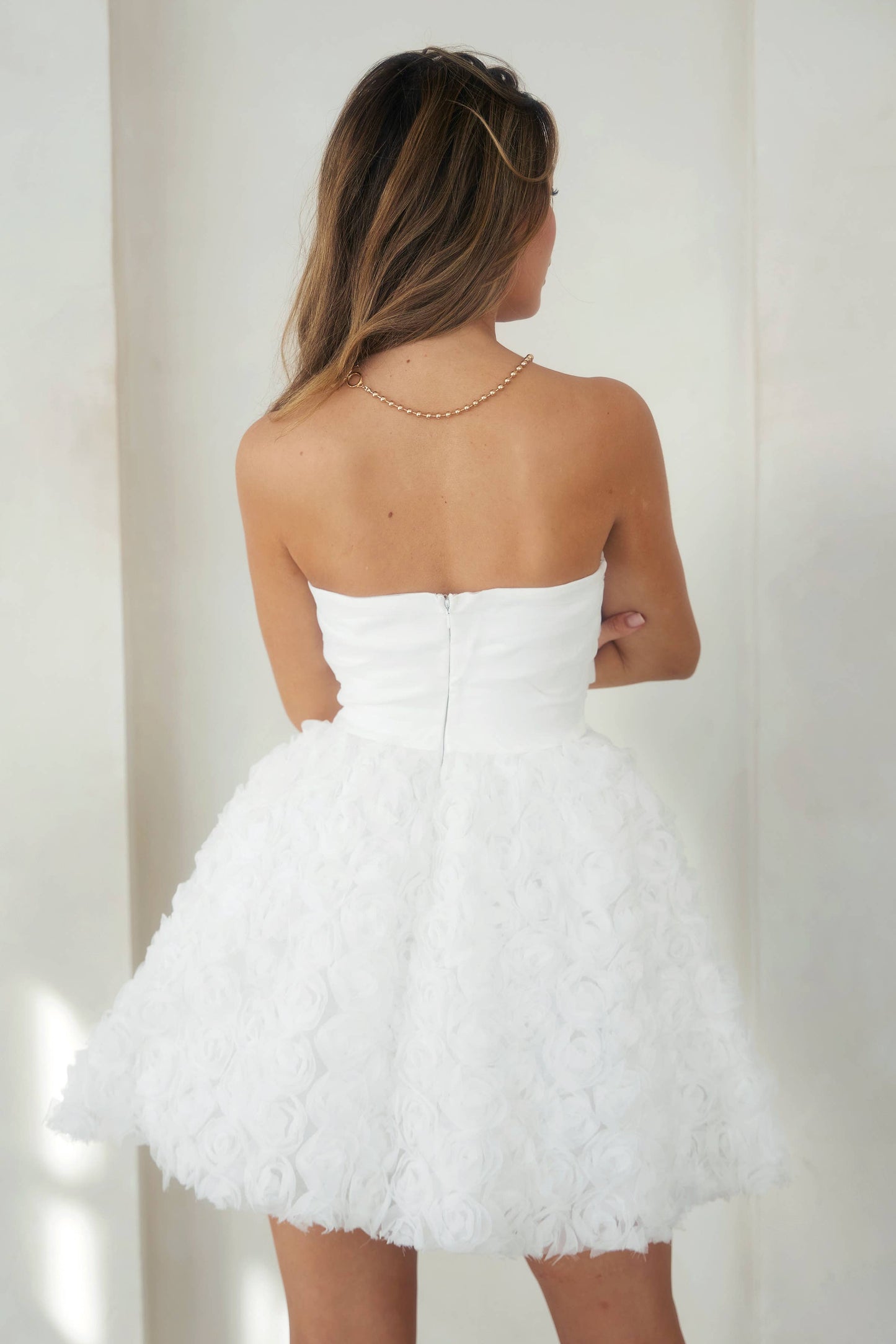 LD1233 Organza Draped Rosette Off shoulder Dress