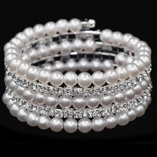 16465 - Pearl and Rhinestone Memory Coil Wrap Bracelet