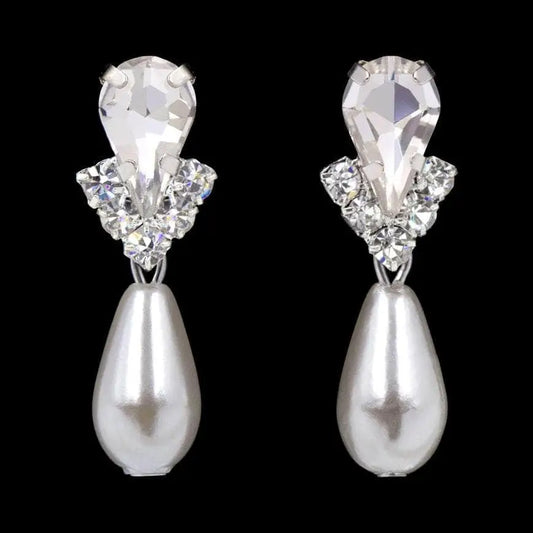 5538 - Rhinestone Pear V Pearl Drop Earrings